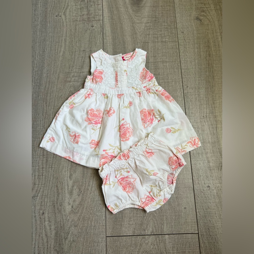 ruby & bloom Pink and White Floral Baby Girl Dress and Diaper Cover Set